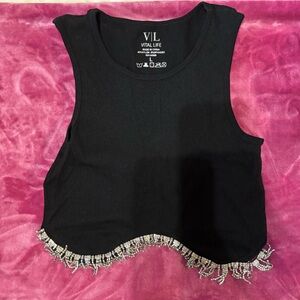 Black Sleeveless Top with Fringe Detail